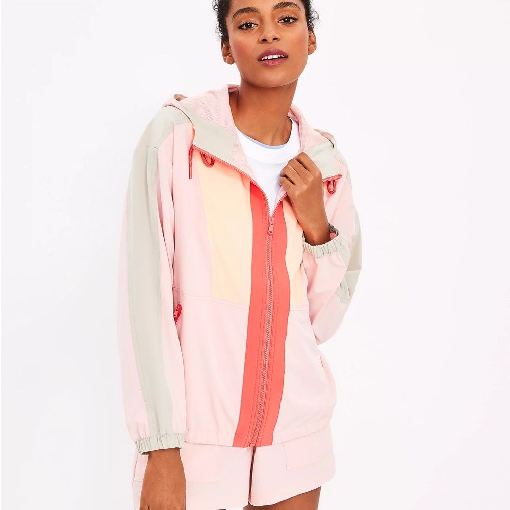 Lou & Grey Colorblock Windbreaker Jacket woman’s size LARGE zipper front hooded
